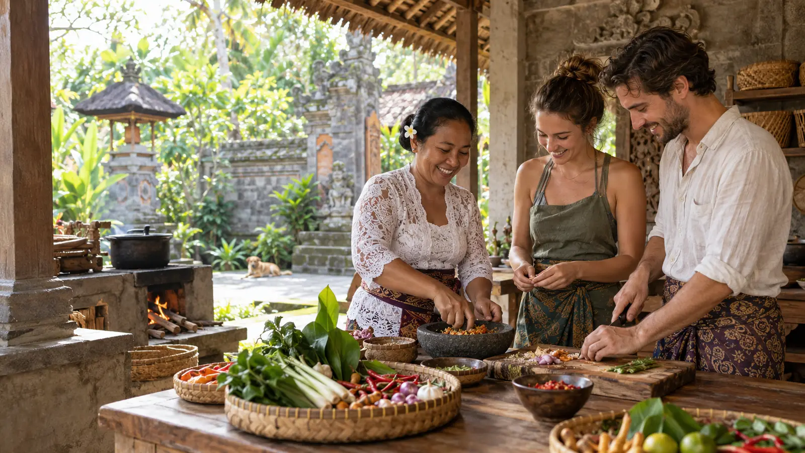 Guests preparing Balinese dishes during a hands-on cooking experience near Ubud