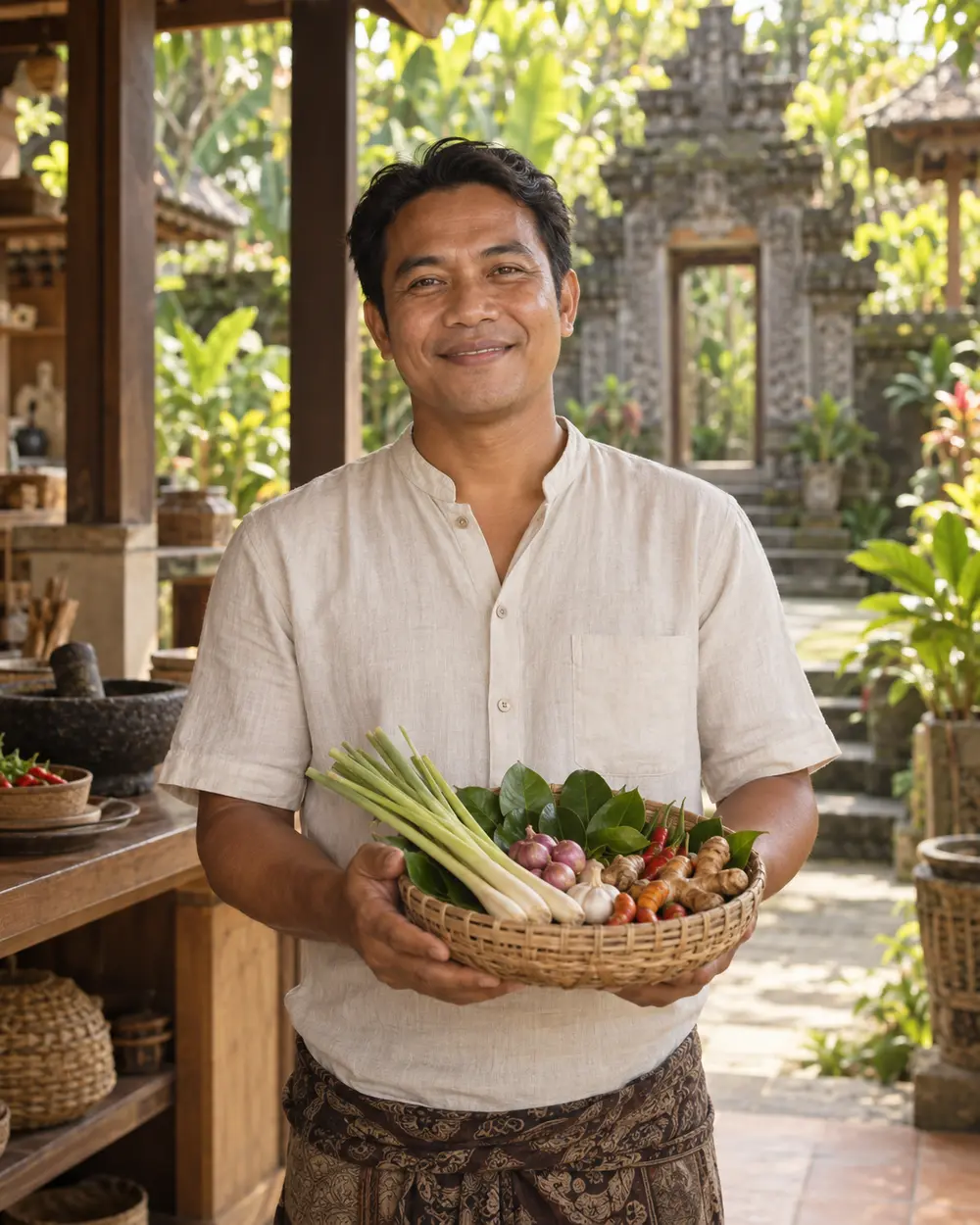 Balinese cooking host welcoming guests at a family compound in Pejeng