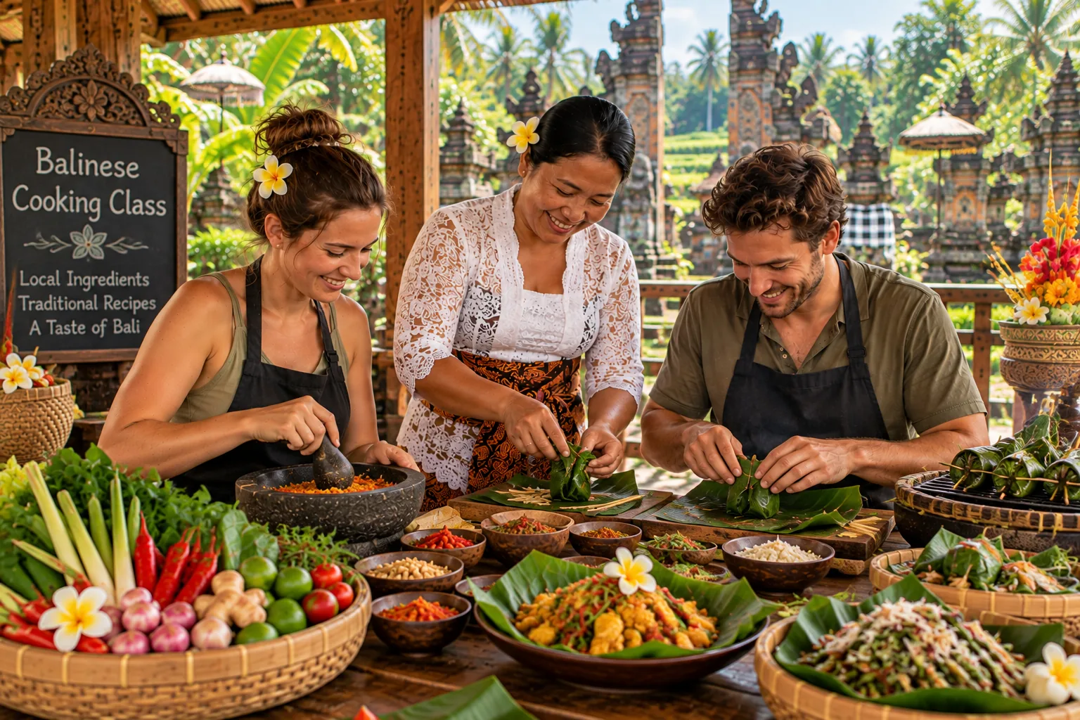 Local host sharing an authentic Balinese cooking experience near Ubud
