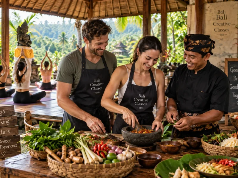 Travelers learning Balinese cooking after yoga in Ubud