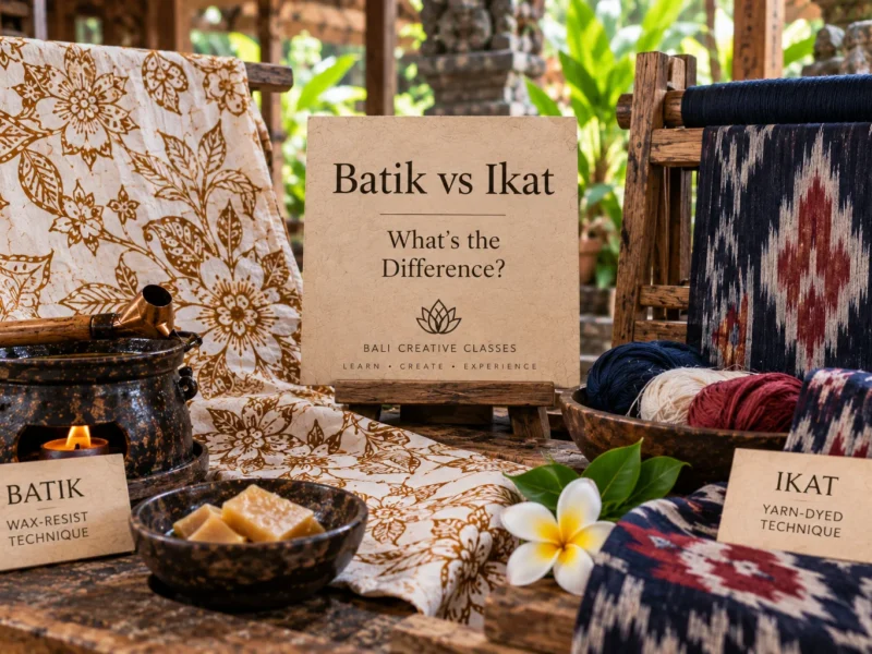 Batik and ikat textiles showing the difference between the two techniques