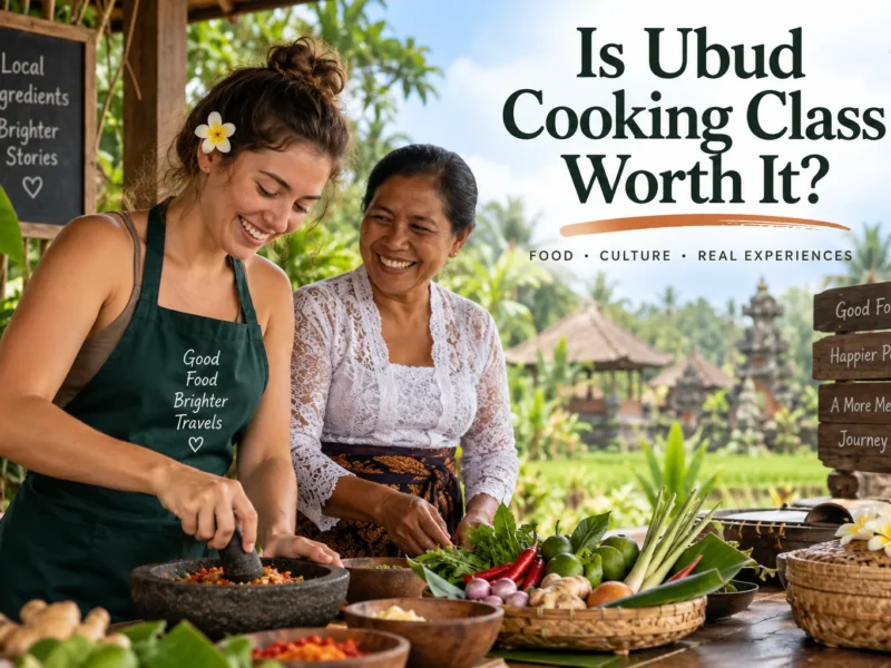 Travelers preparing Balinese ingredients during a cooking class near Ubud