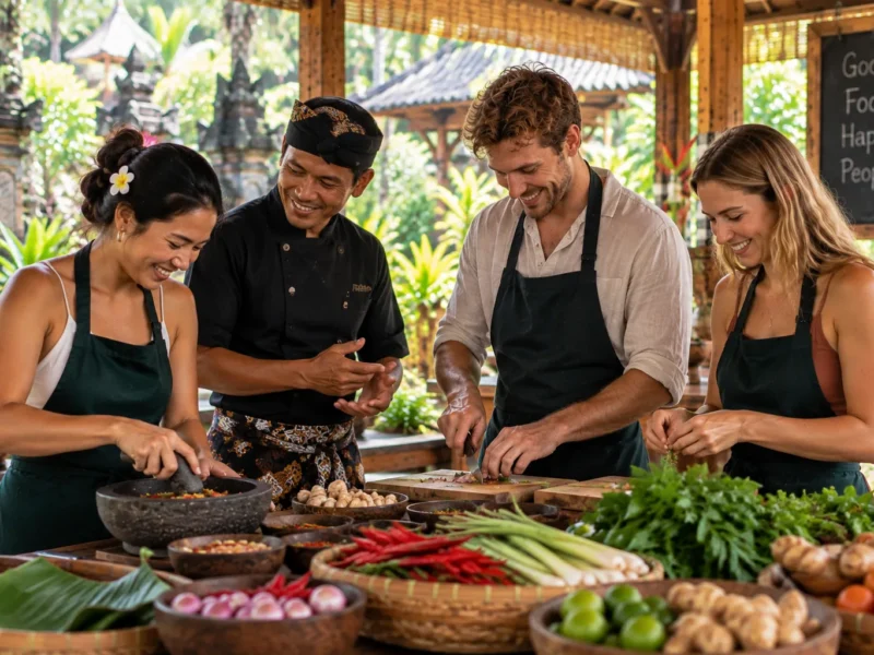Ingredients, apron and finished dishes arranged for an Ubud cooking class